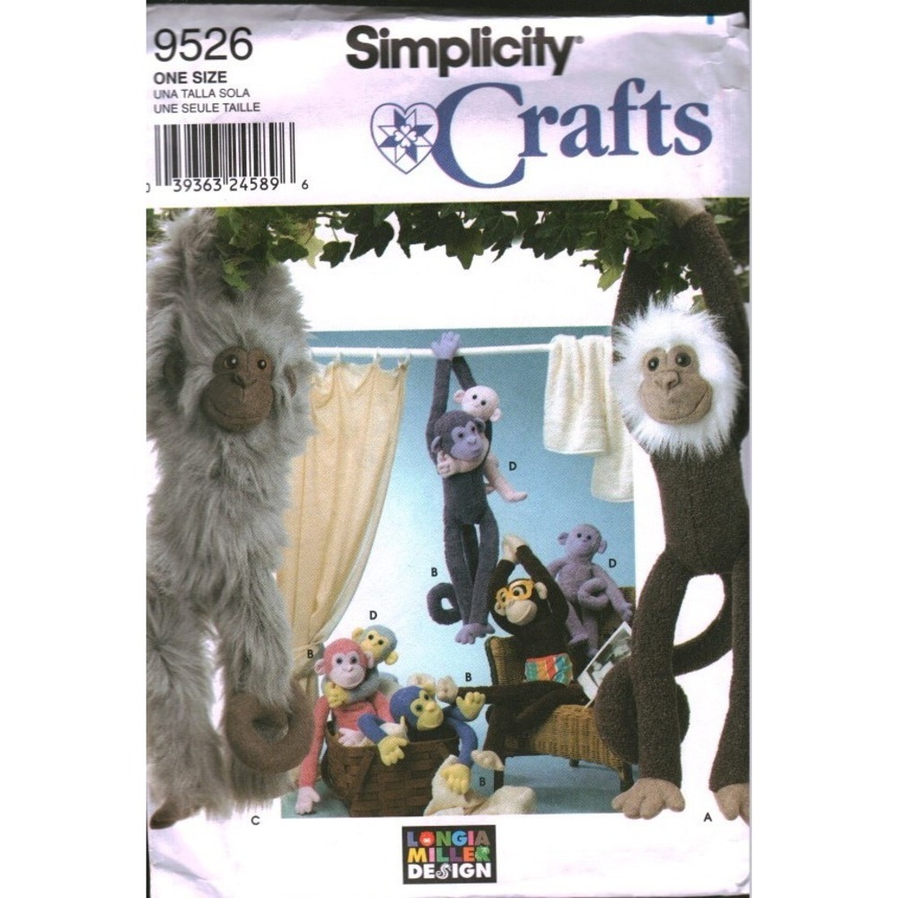 Simplicity 9526 Stuffed Monkey Sewing Pattern Longia Miller Design 26 & 15 Inch